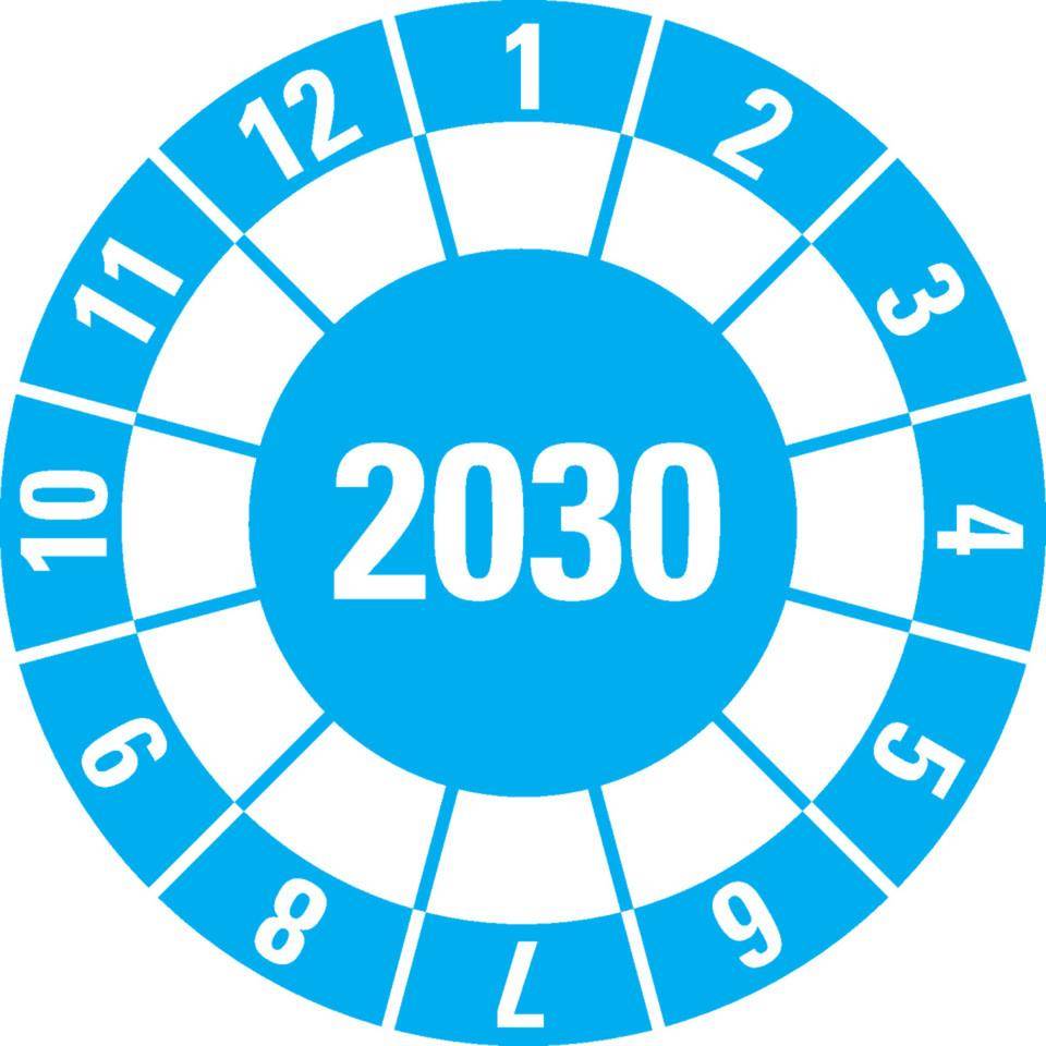 Prüfplakette 2030, hellblau, Dokumentenfolie, selbstklebend, Ø40mm,10/Bogen