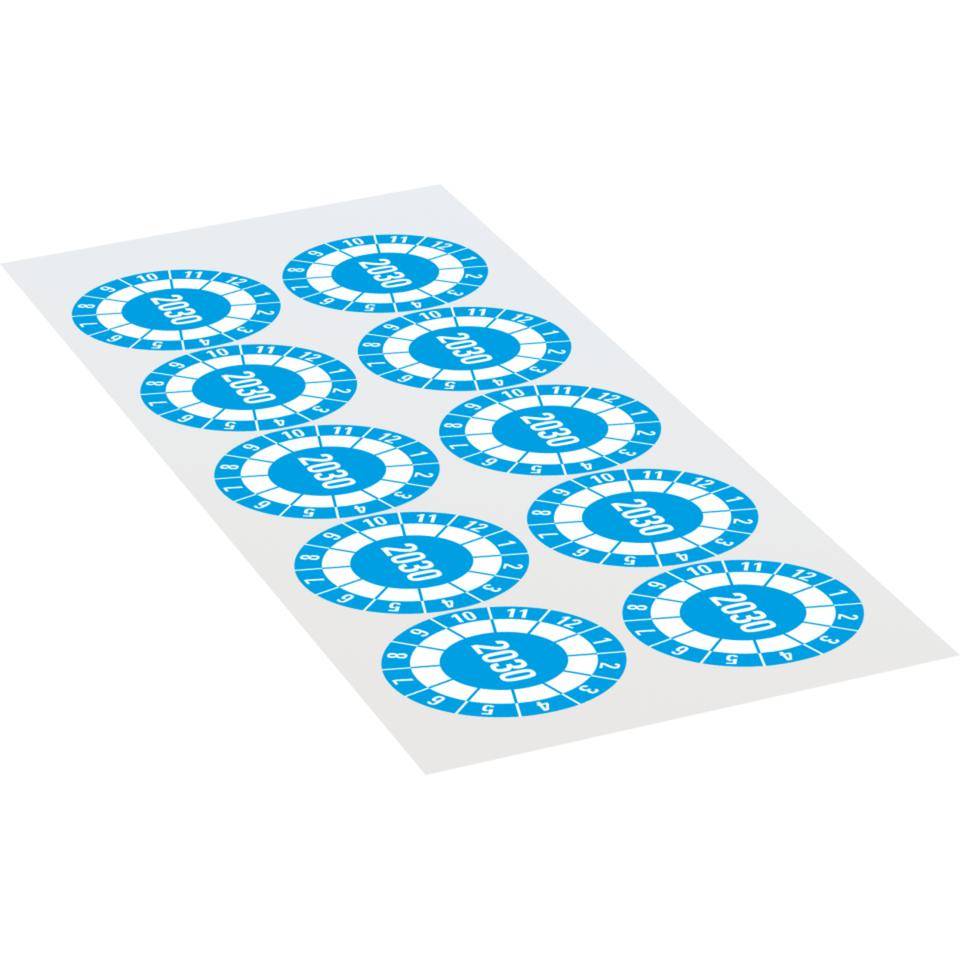Prüfplakette 2030, hellblau, Dokumentenfolie, selbstklebend, Ø40mm,10/Bogen