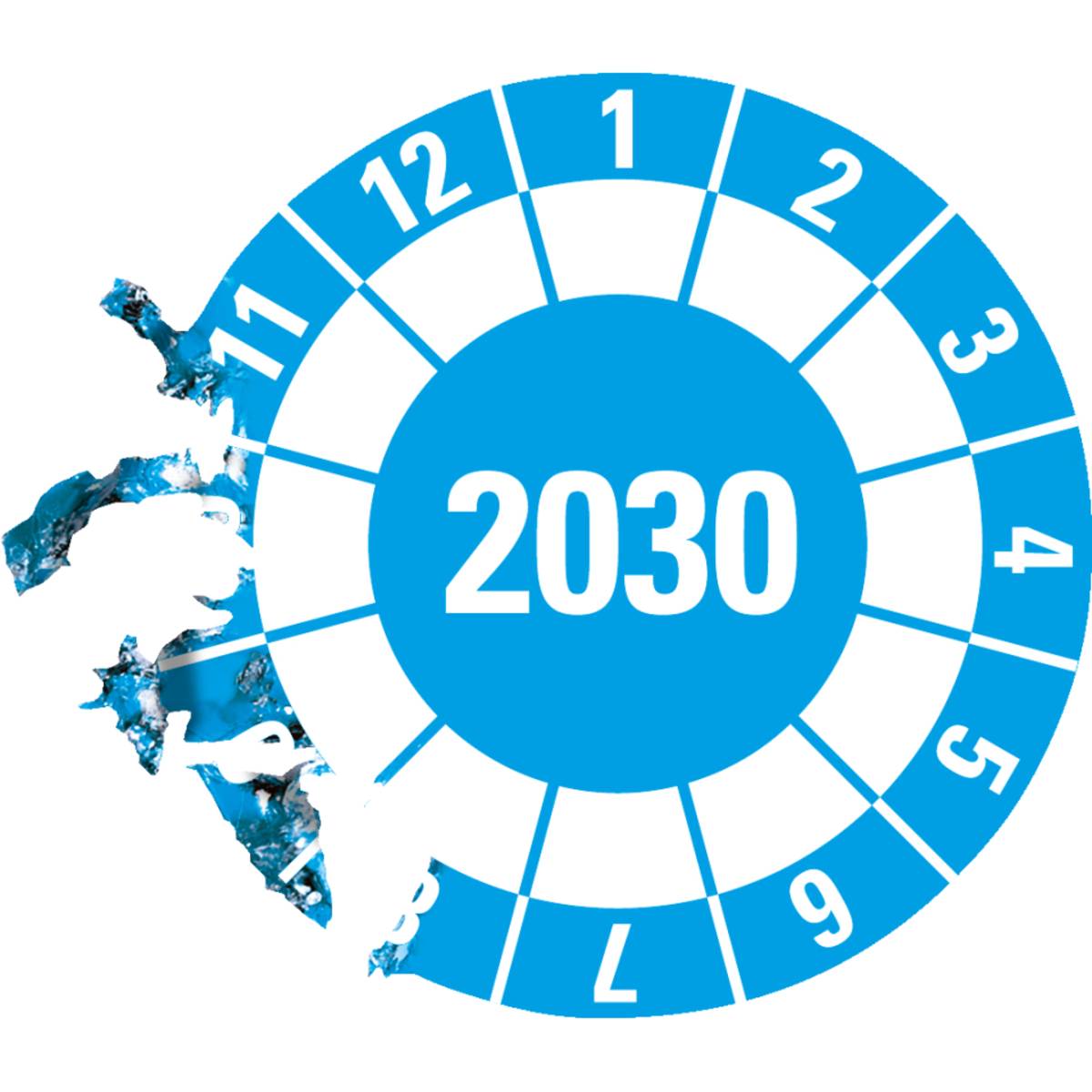 Ein blauer kreisförmiger Kalender mit „2030