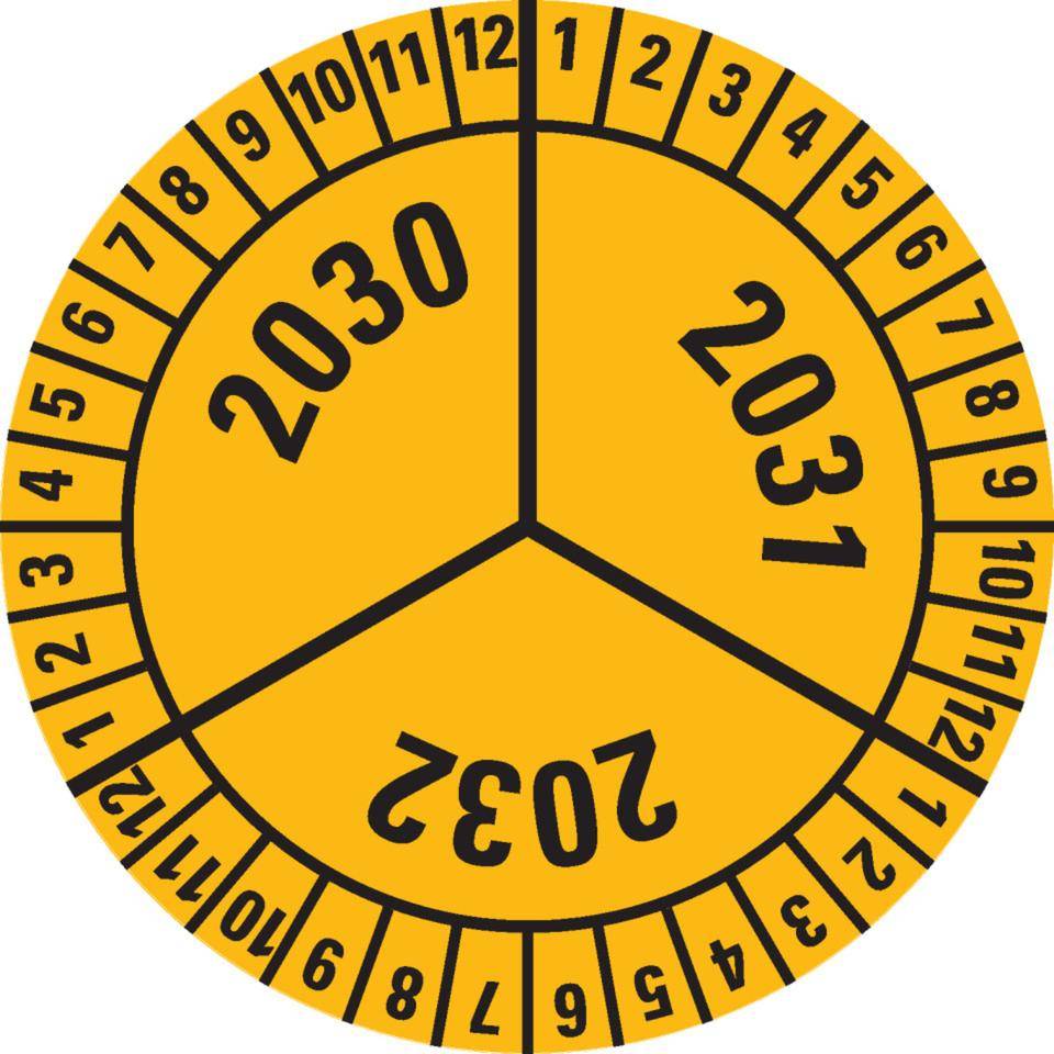Prüfplakette 2030-2032, gelb, Dokumentenfolie, selbstklebend, Ø 40mm, 10/Bogen