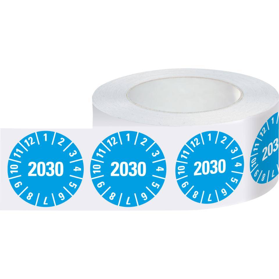 Jahresprüfplakette 2030, hellblau, Dokumentenfolie, Ø 30mm, 500/Rolle