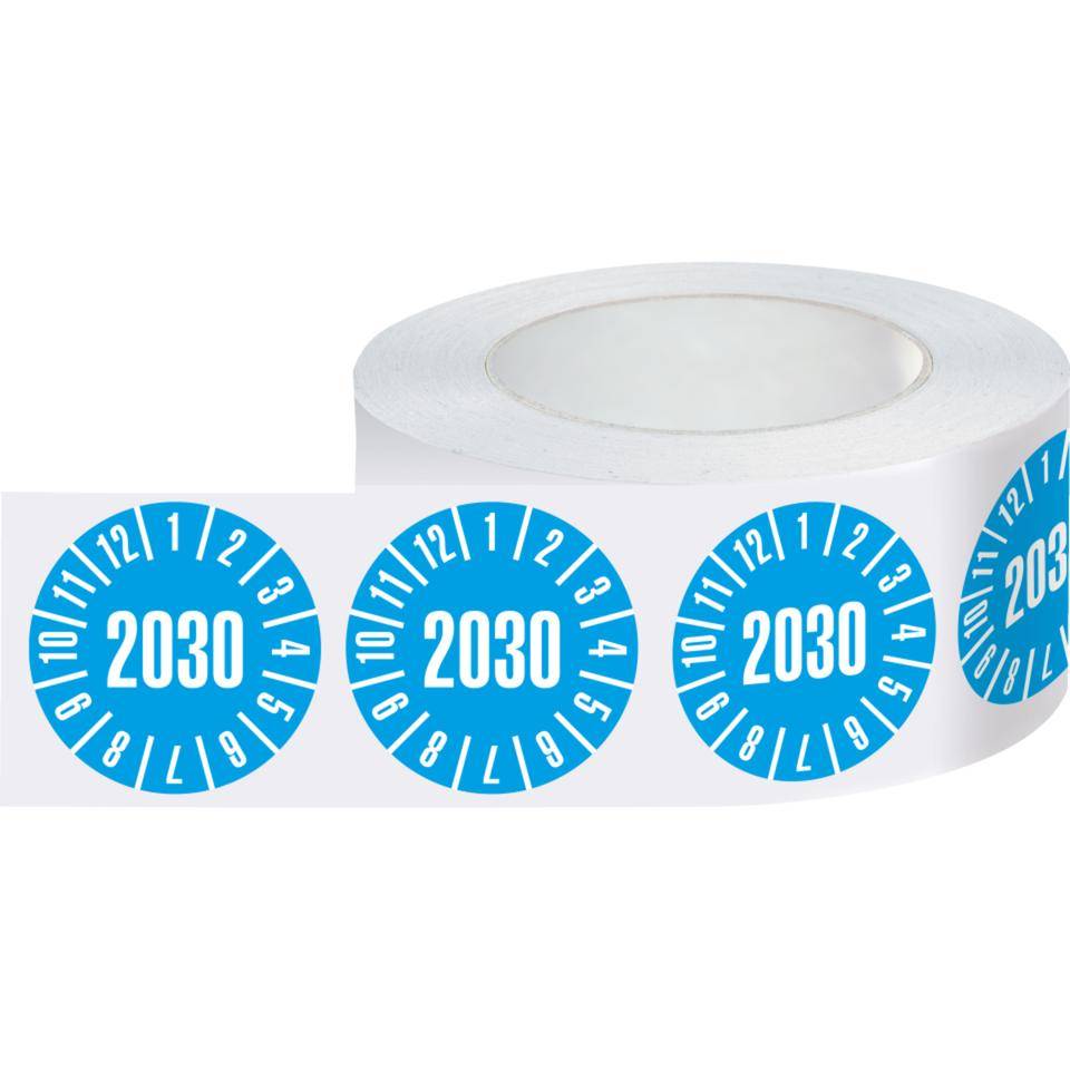 Jahresprüfplakette 2030, hellblau, Folie, ablösbar, Ø 30mm, 500/Rolle