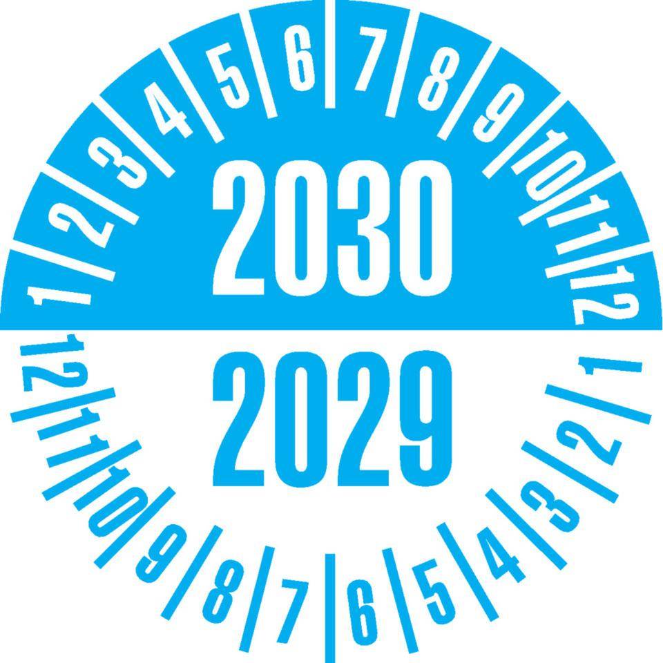 Prüfplakette 2030/2029,weiß/hellblau,Dokumentenfolie,selbstklebend,Ø35mm,10/Bogen