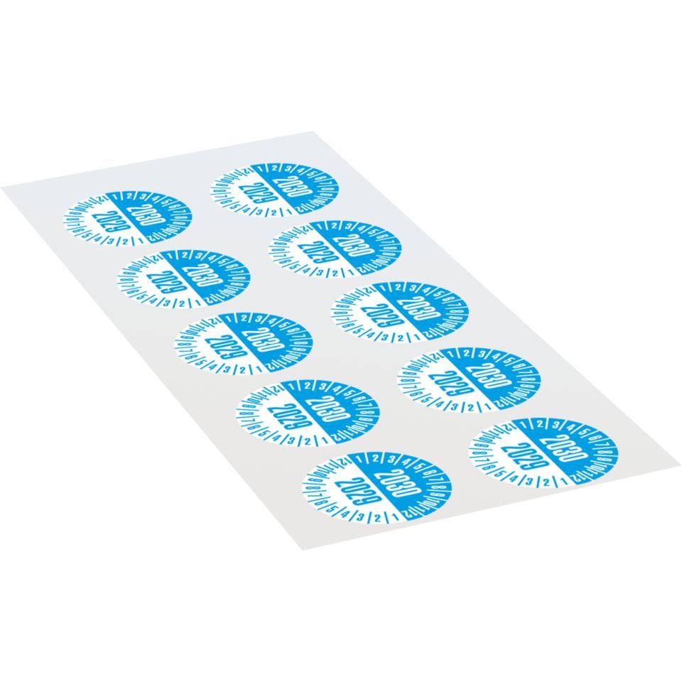 Prüfplakette 2030/2029,weiß/hellblau,Dokumentenfolie,selbstklebend,Ø35mm,10/Bogen