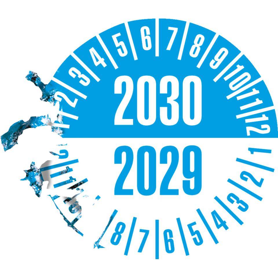 Prüfplakette 2030/2029,weiß/hellblau,Dokumentenfolie,selbstklebend,Ø35mm,10/Bogen