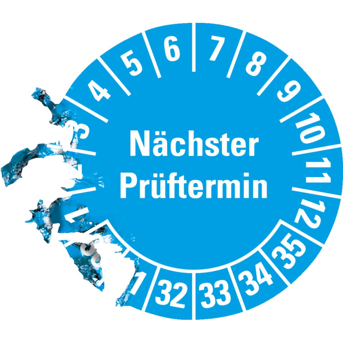 Ein blauer runder Inspektionsaufkleber mit dem deutschen Text „Nächster Prüftermin