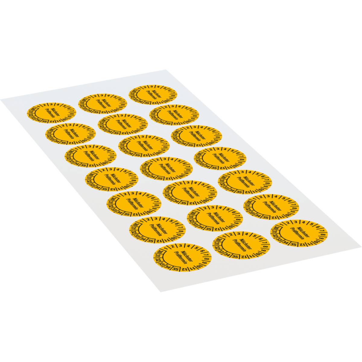 Blatt mit 20 kreisförmigen gelben Aufklebern, auf denen jeweils der Text „Sunshine Juice Bar