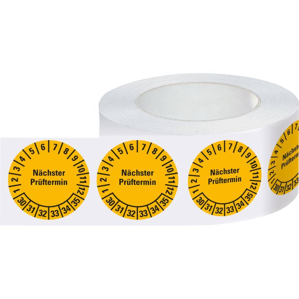 Prüfplakette Nächster Prüftermin 30-35, gelb, Dokumentenfolie, Ø25mm, 500/Rolle