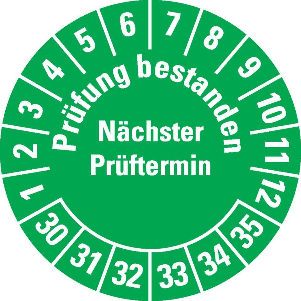 Prüfplakette Prüfung bestanden Nächster Prüftermin 30-35, grün, Dokumentenfolie, Ø 30mm, 18/Bogen
