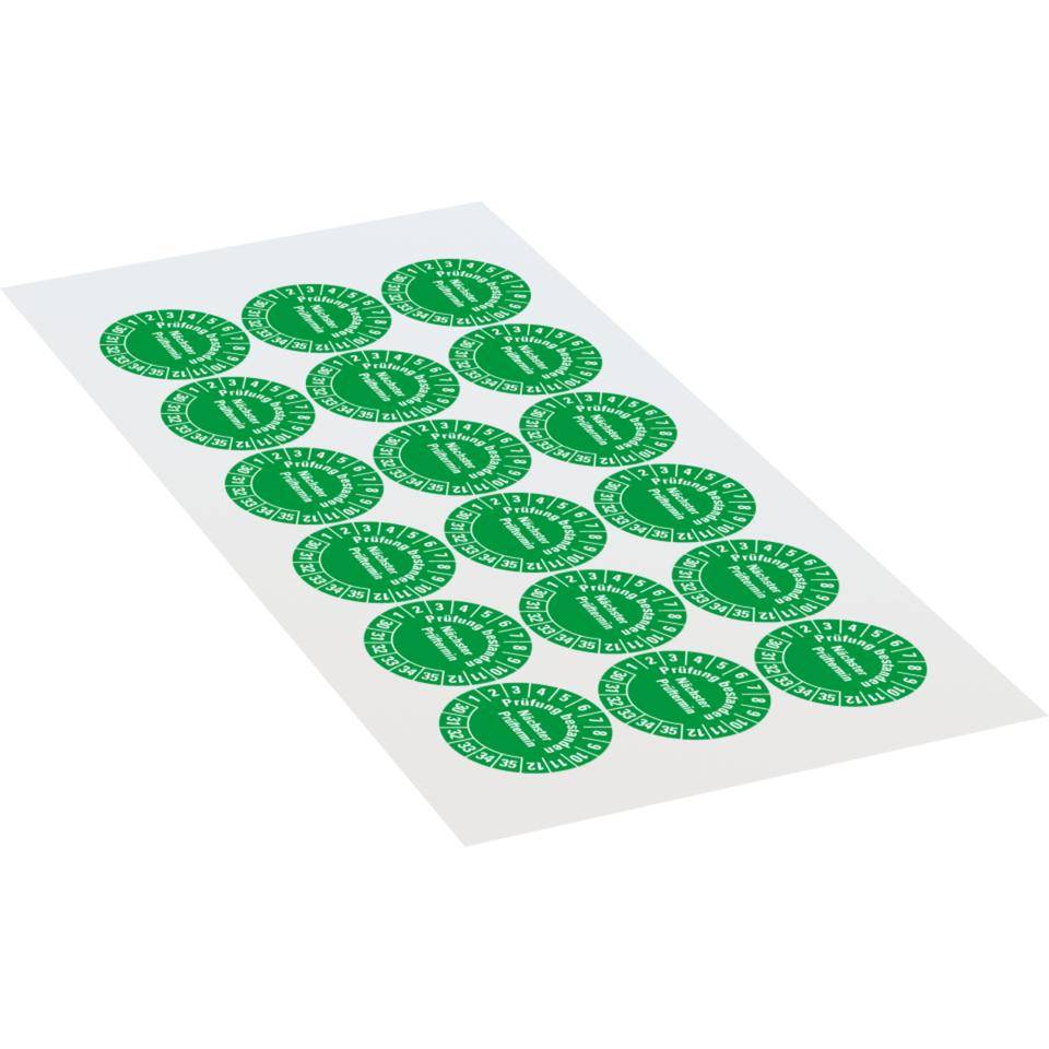 Prüfplakette Prüfung bestanden Nächster Prüftermin 30-35, grün, Dokumentenfolie, Ø 30mm, 18/Bogen