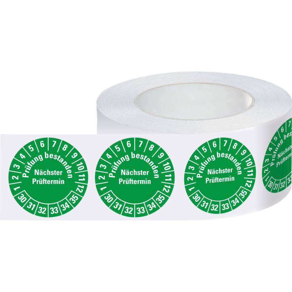 Prüfplakette Prüfung bestanden Nächster Prüftermin 30-35, grün, Dokumentenfolie, Ø30mm, 500/Rolle
