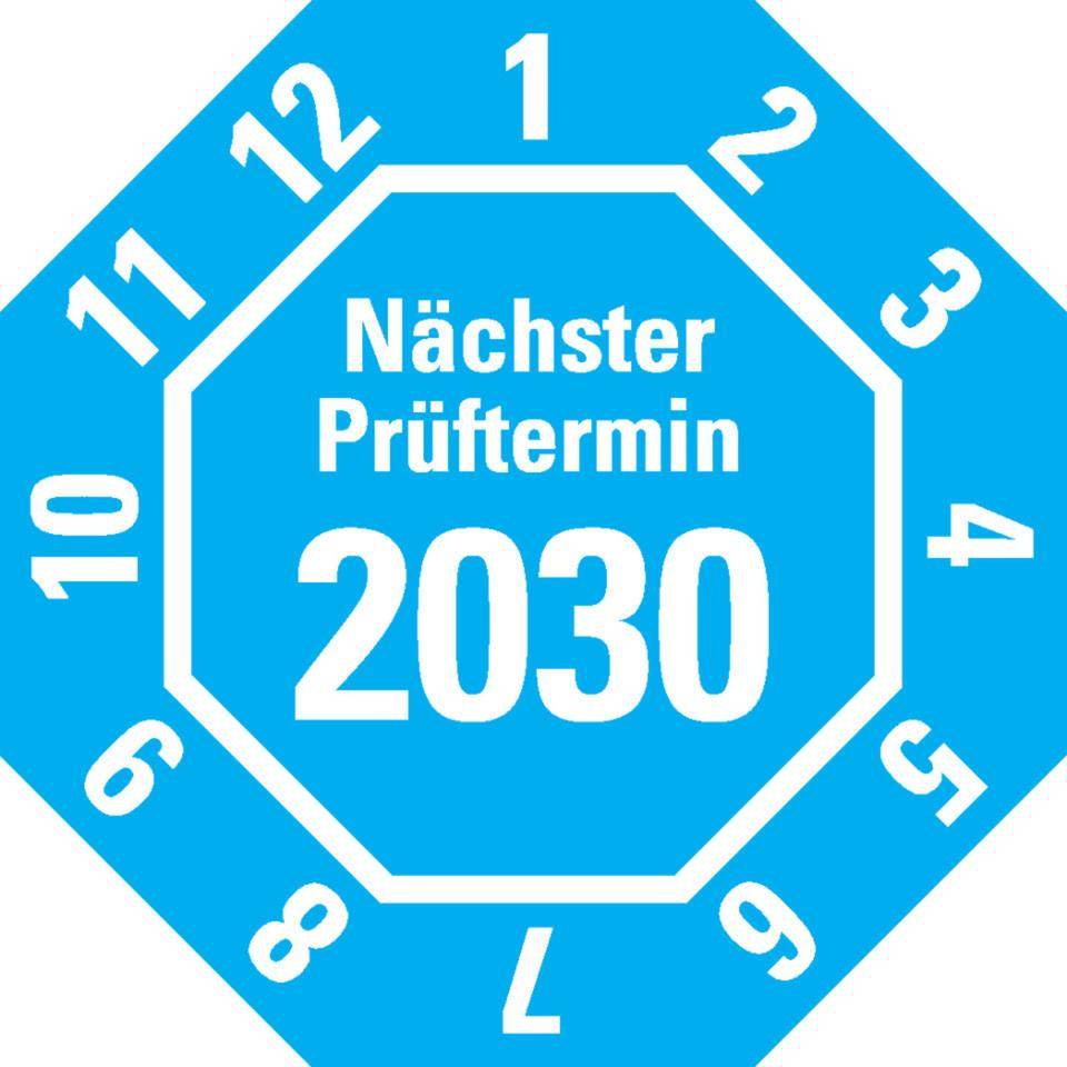 Prüfplakette Nächster Prüftermin 2030, 8-eckig, hellblau, Dokumentenfolie, 30x30mm, 18/Bogen