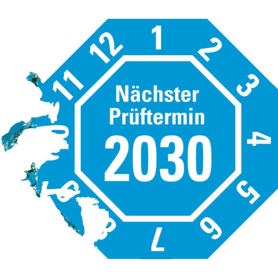 Prüfplakette Nächster Prüftermin 2030, 8-eckig, hellblau, Dokumentenfolie, 30x30mm, 18/Bogen