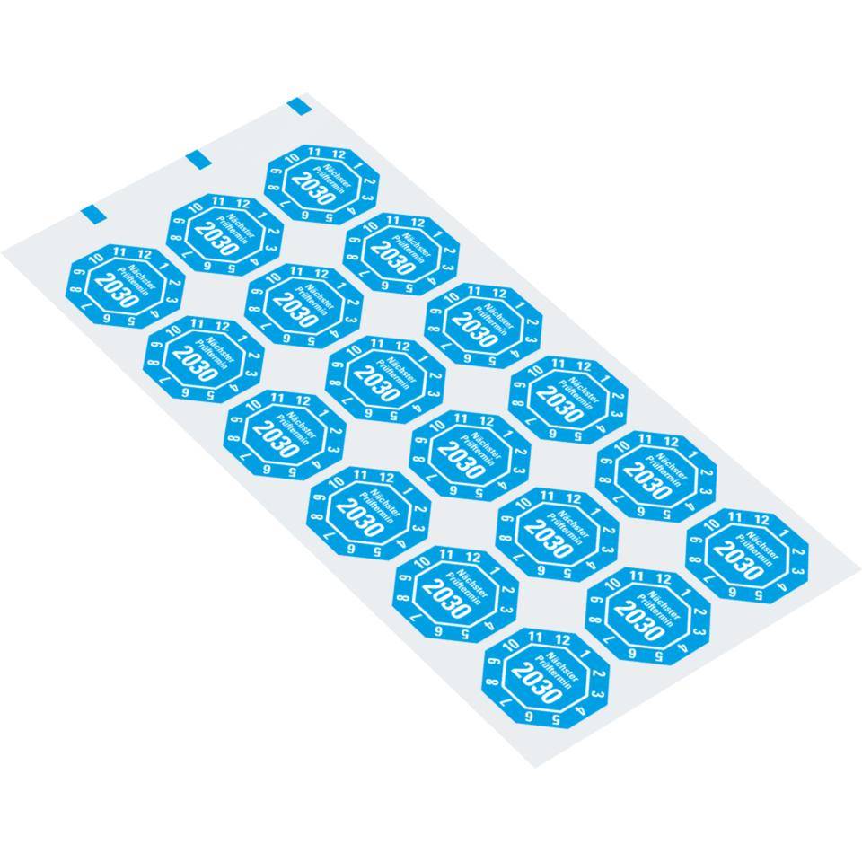 Prüfplakette Nächster Prüftermin 2030, 8-eckig, hellblau, Dokumentenfolie, 30x30mm, 18/Bogen