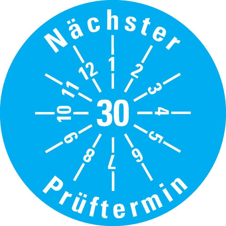 Prüfplakette Nächster Prüftermin 30, hellblau, Dokumentenfolie, Ø 30mm, 18/Bogen