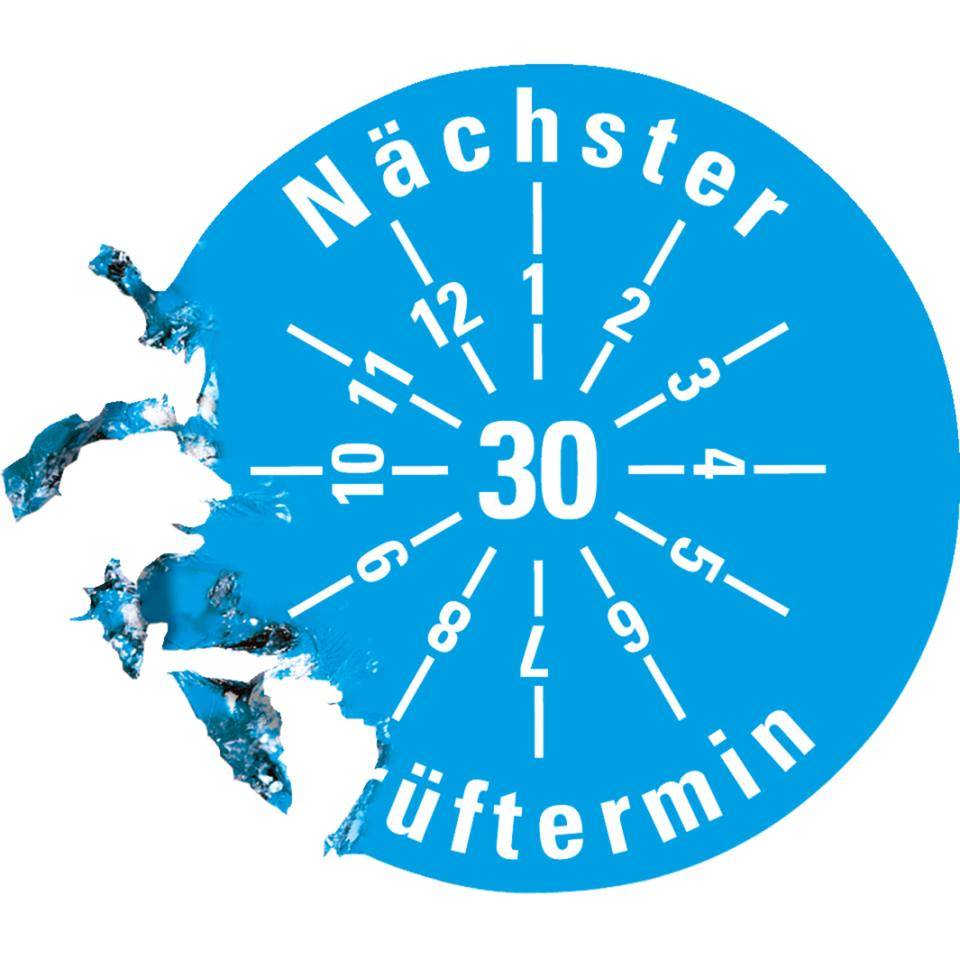 Prüfplakette Nächster Prüftermin 30, hellblau, Dokumentenfolie, Ø 30mm, 18/Bogen