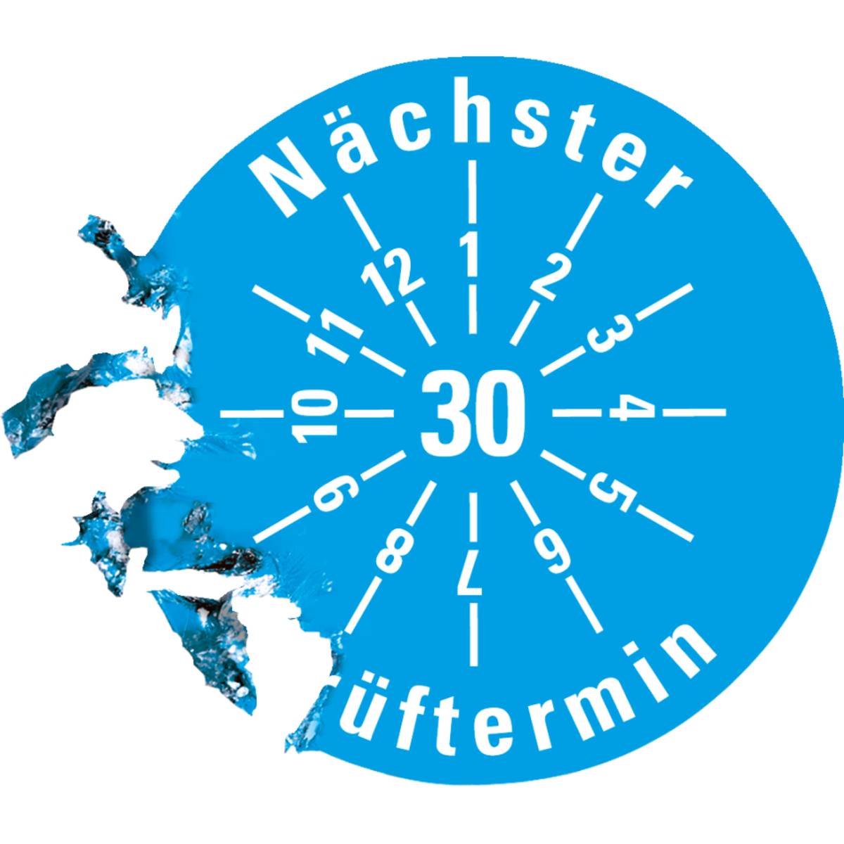 Blauer kreisförmiger Inspektionsaufkleber mit den Zahlen 1 bis 12 am Rand, wobei die Zahl „30