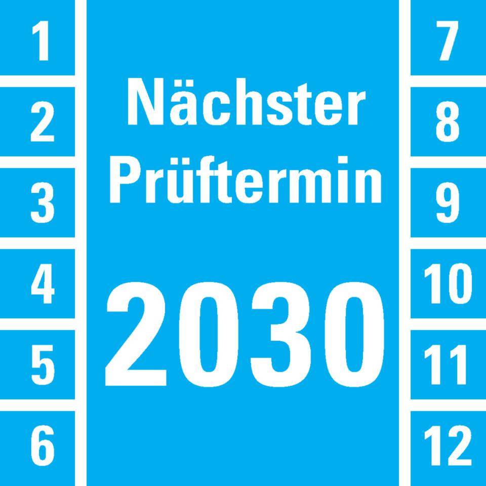 Prüfplakette Nächster Prüftermin 2030, hellblau, Dokumentenfolie, 30x30mm, 18/Bogen
