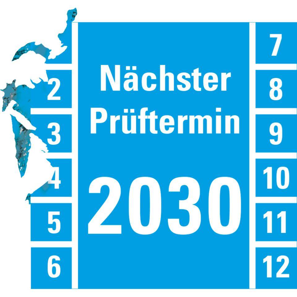 Prüfplakette Nächster Prüftermin 2030, hellblau, Dokumentenfolie, 30x30mm, 18/Bogen