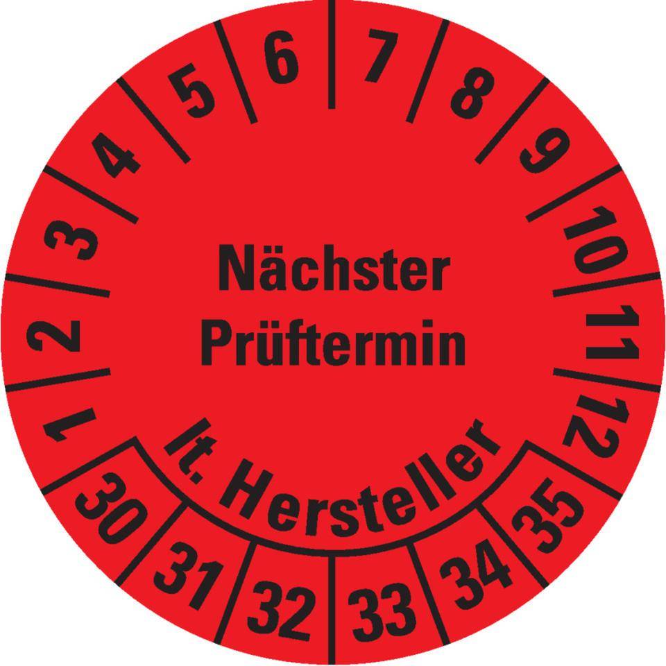 Prüfplakette Nächster Prüftermin laut Hersteller, 30-35, rot, Dokumentenfolie, Ø30mm, 18/Bogen