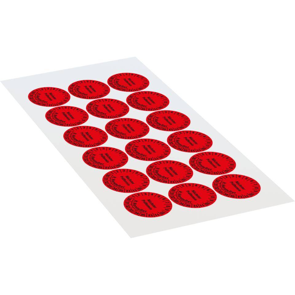 Prüfplakette Nächster Prüftermin laut Hersteller, 30-35, rot, Dokumentenfolie, Ø30mm, 18/Bogen