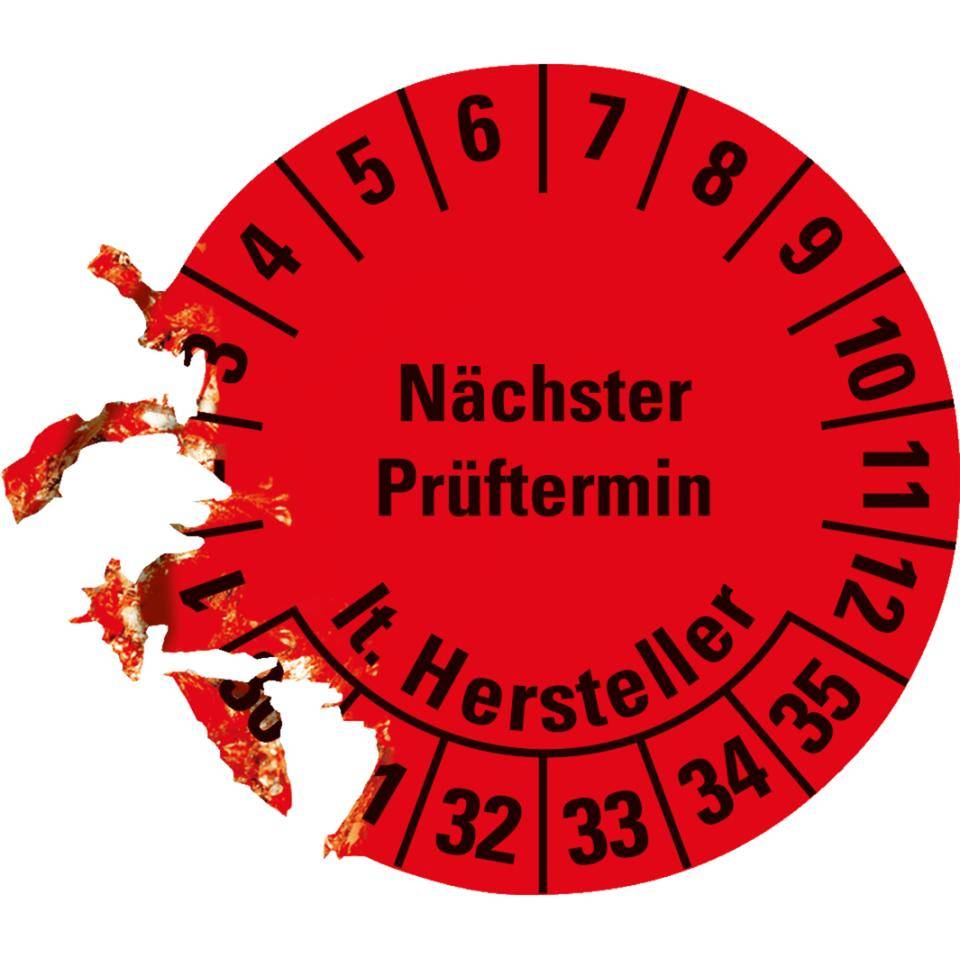 Prüfplakette Nächster Prüftermin laut Hersteller, 30-35, rot, Dokumentenfolie, Ø30mm, 18/Bogen