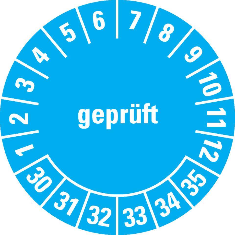 Prüfplakette geprüft 30-35, hellblau, Dokumentenfolie, selbstklebend, Ø15mm, 60/Bogen