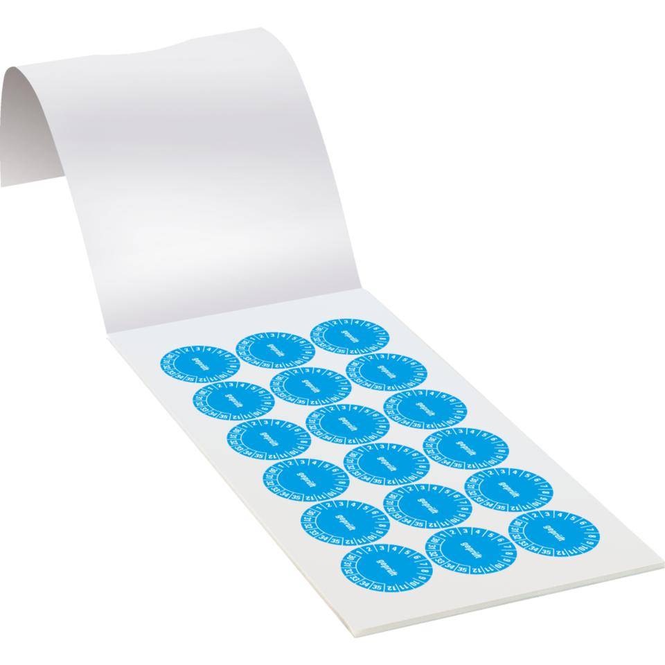 Prüfplakette geprüft 30-35, hellblau, Dokumentenfolie, selbstklebend, Ø30mm, 108/Heft