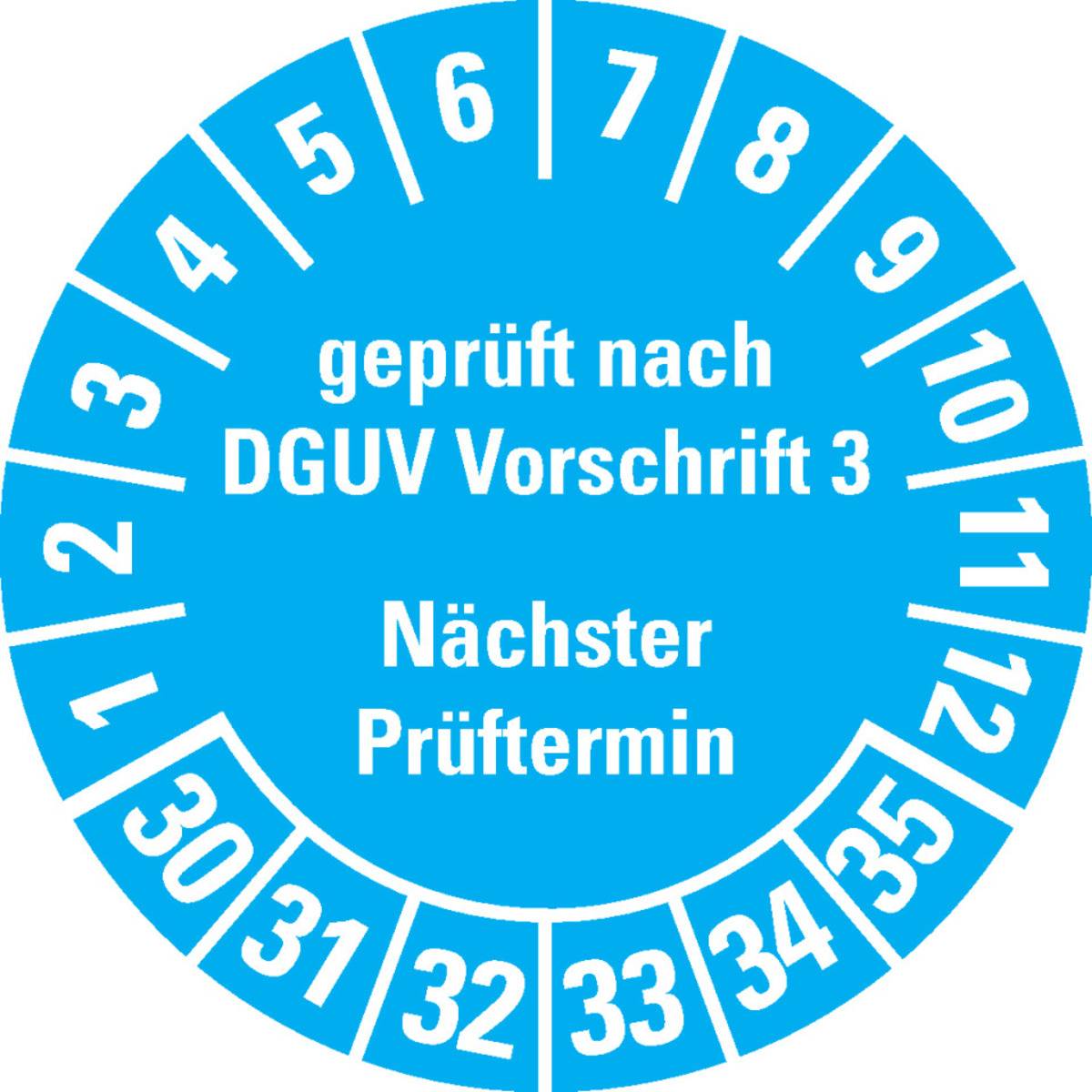 Inspektionsaufkleber mit den Zahlen 1 bis 36, beschriftet mit „geprüft nach DGUV Vorschrift 3, Nächster Prüftermin.