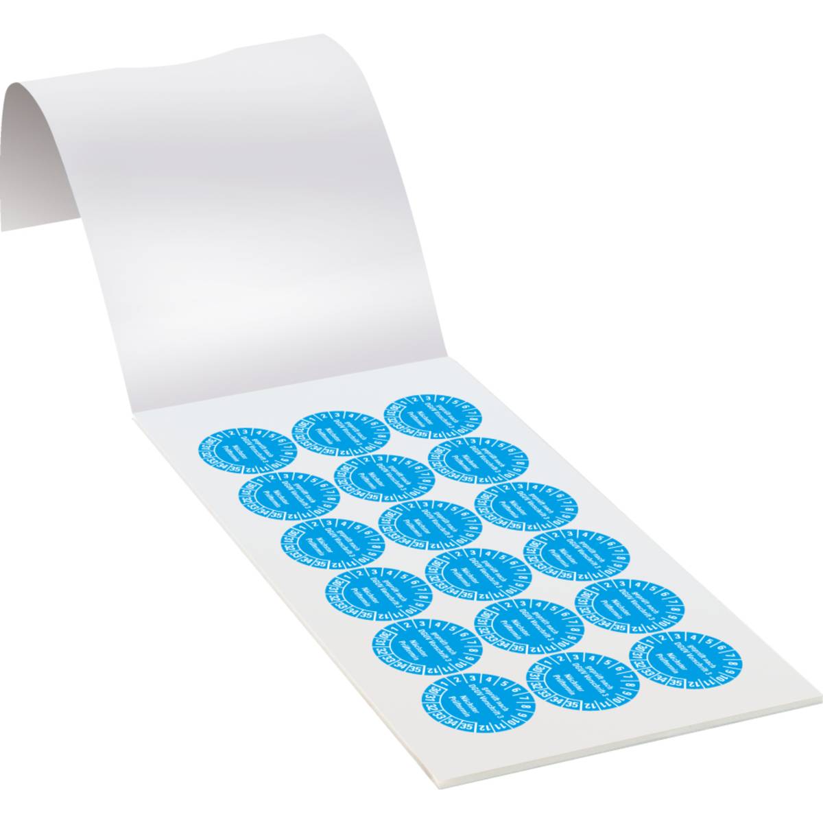 Ein Blatt mit blauen runden Aufklebern mit weißem Text „FINGER LIFT