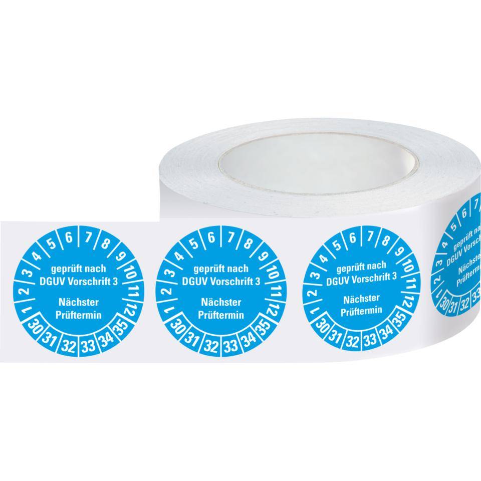Prüfplakette geprüft DGUV Vorschrift 3 Nächster Prüftermin 30-35, hellblau, Dokumentenfolie, Ø30mm, 500/Rolle