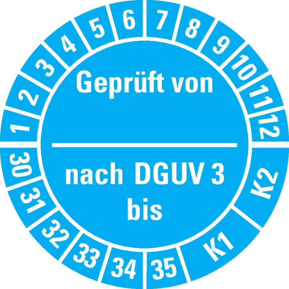 Prüfplakette geprüft von nach DGUV Vorschrift 3 K1/K2, 30-35, hellblau, Dokumentenfolie, Ø25mm, 21/Bogen