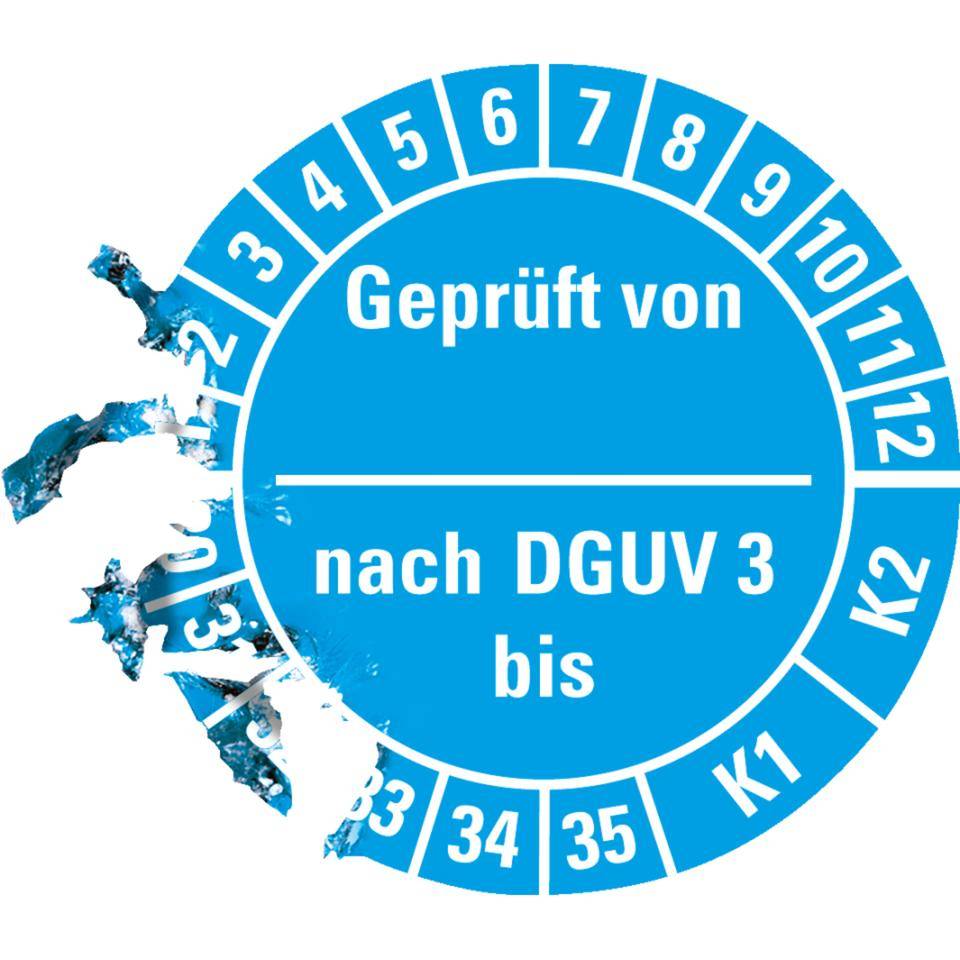 Prüfplakette geprüft von nach DGUV Vorschrift 3 K1/K2, 30-35, hellblau, Dokumentenfolie, Ø25mm, 21/Bogen