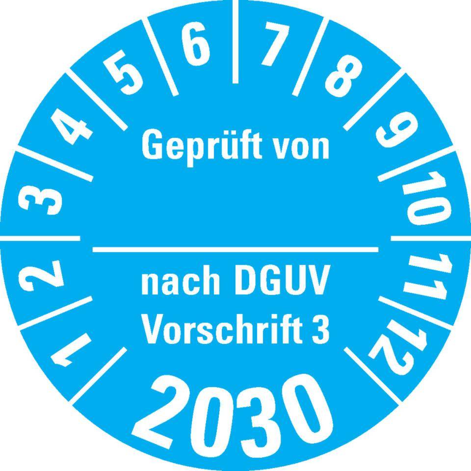 Prüfplakette Geprüft von nach DGUV 3, 2030, hellblau, Dokumentenfolie, Ø 30mm, 500/Rolle