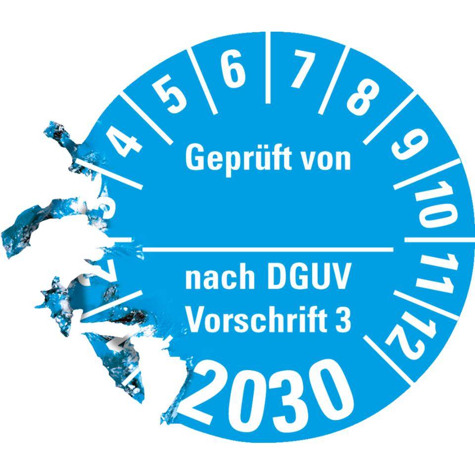 Prüfplakette Geprüft von nach DGUV 3, 2030, hellblau, Dokumentenfolie, Ø 30mm, 500/Rolle