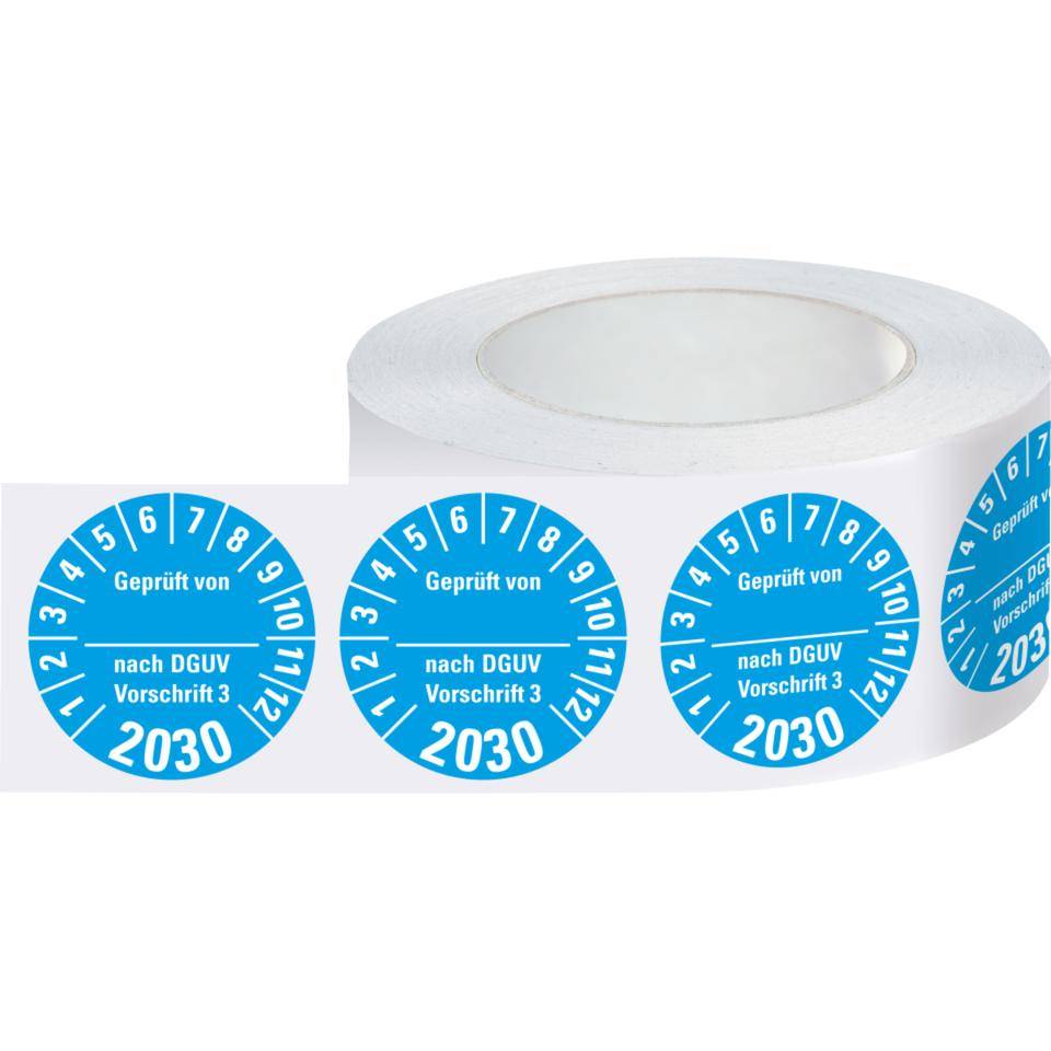 Prüfplakette Geprüft von nach DGUV 3, 2030, hellblau, Dokumentenfolie, Ø 30mm, 500/Rolle