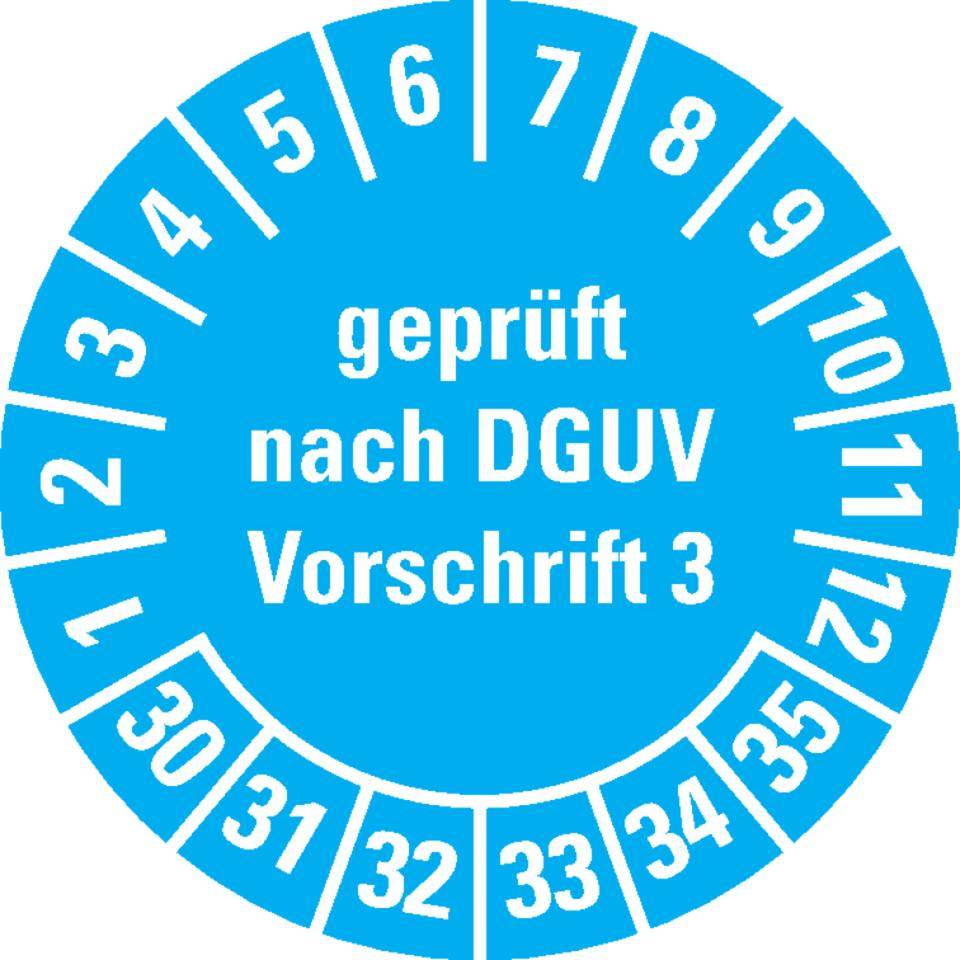 Prüfplakette geprüft nach DGUV Vorschrift 3, 30-35, hellblau, Folie, ablösbar, Ø 20mm, 36/Bogen