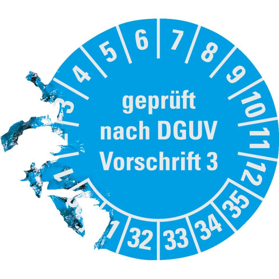 Prüfplakette geprüft nach DGUV Vorschrift 3 30-35, hellblau, Dokumentenfolie, Ø 20mm, 36/Bogen