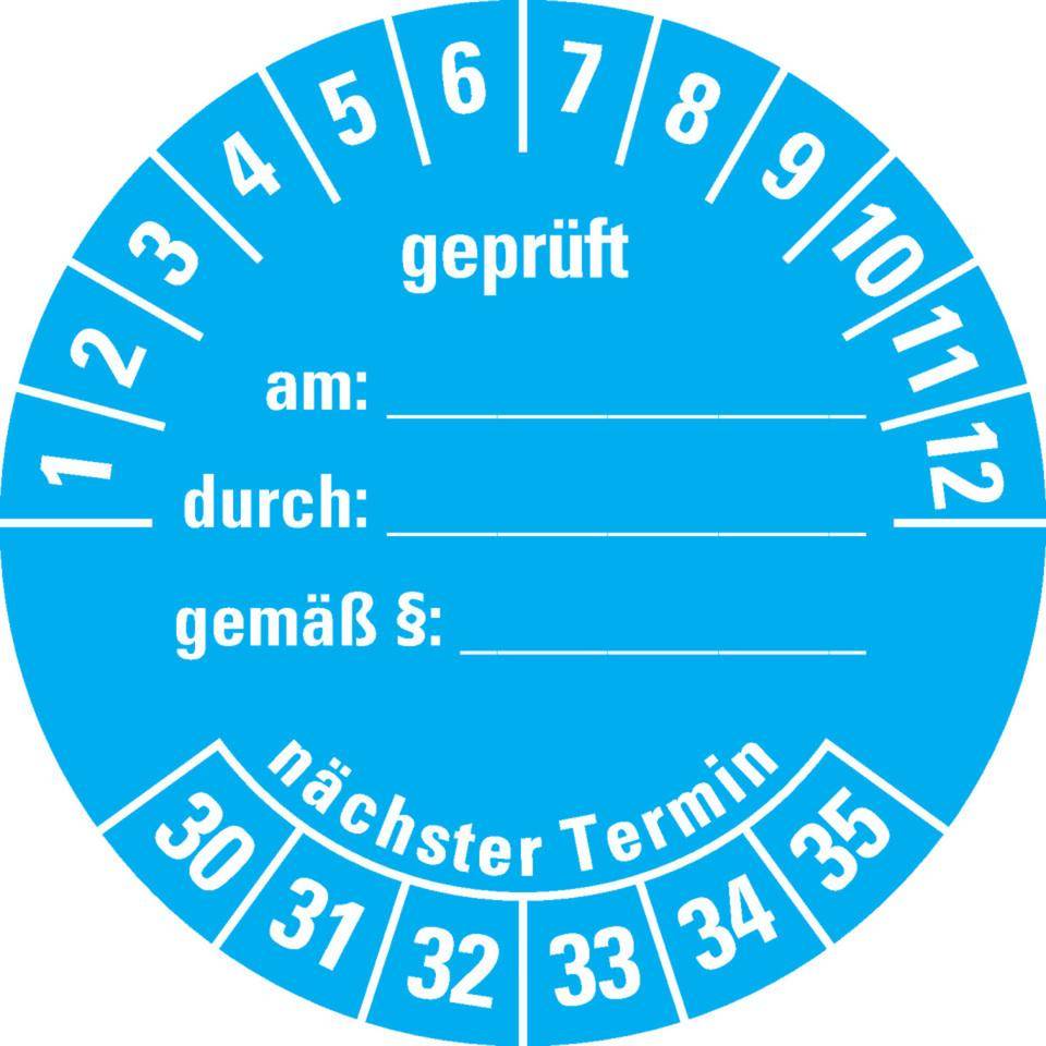 Prüfplakette geprüft am: durch: ..30-35, hellblau, Dokumentenfolie, Ø 40mm, 10/Bogen