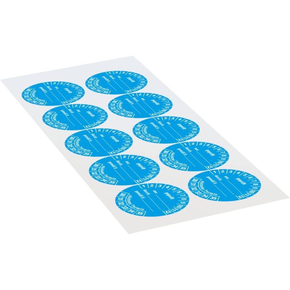Prüfplakette geprüft am: durch: ..30-35, hellblau, Dokumentenfolie, Ø 40mm, 10/Bogen
