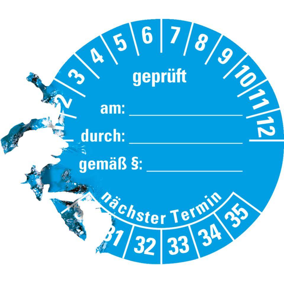 Prüfplakette geprüft am: durch: ..30-35, hellblau, Dokumentenfolie, Ø 40mm, 10/Bogen
