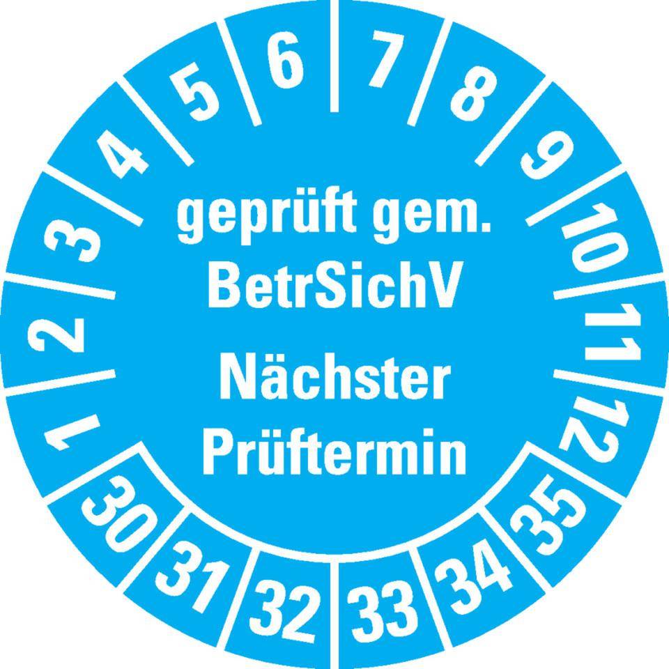 Prüfplakette BetrSichV nächster Prüftermin, 30-35, hellblau, Dokumentenfolie, Ø30mm, 18/Bogen