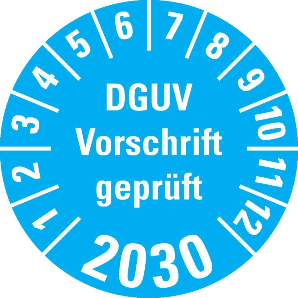 Prüfplakette DGUV Vorschrift geprüft 2030, hellblau, Dokumentenfolie, Ø 30mm, 18/Bogen