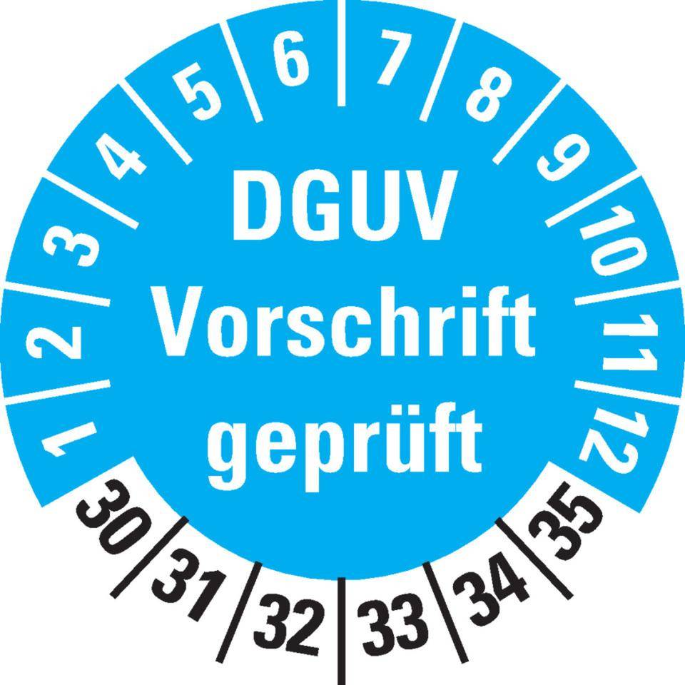 Prüfplakette DGUV Vorschrift geprüft, 30-35, hellblau, Dokumentenfolie, Ø 30mm, 18/Bogen