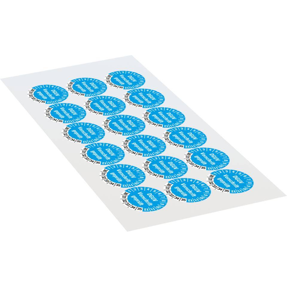 Prüfplakette DGUV Vorschrift geprüft, 30-35, hellblau, Dokumentenfolie, Ø 30mm, 18/Bogen