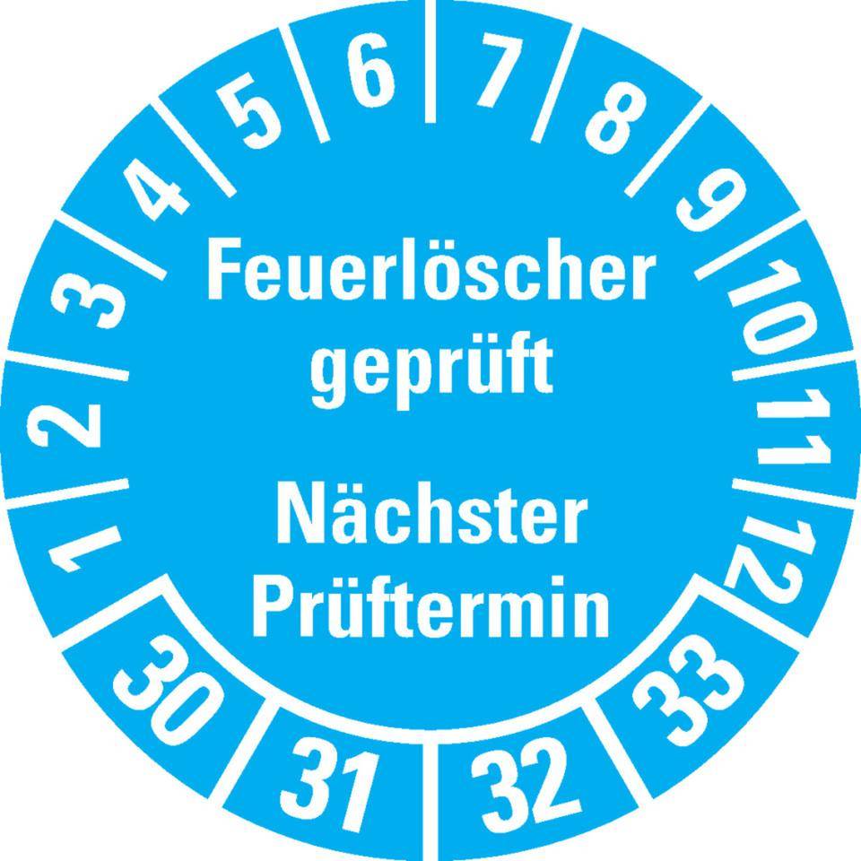 Prüfplakette Feuerlöscher geprüft, Nächster Prüftermin, 30-33, hellblau, Dokumentenfolie, Ø 30mm, 18/Bogen