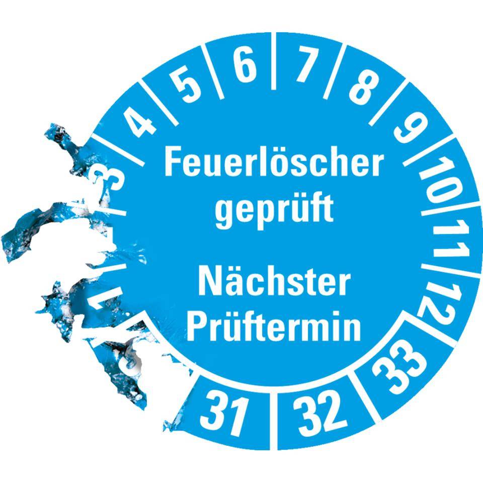 Prüfplakette Feuerlöscher geprüft, Nächster Prüftermin, 30-33, hellblau, Dokumentenfolie, Ø 30mm, 18/Bogen
