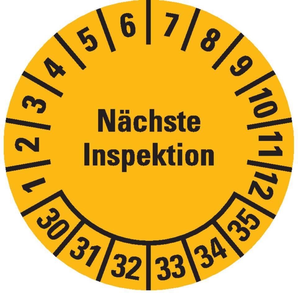 Prüfplakette Nächste Inspektion 30-35, gelb, Dokumentenfolie, Ø 20mm, 36/Bogen