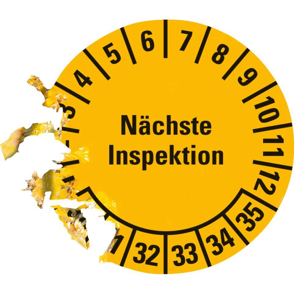 Prüfplakette Nächste Inspektion 30-35, gelb, Dokumentenfolie, Ø 20mm, 36/Bogen