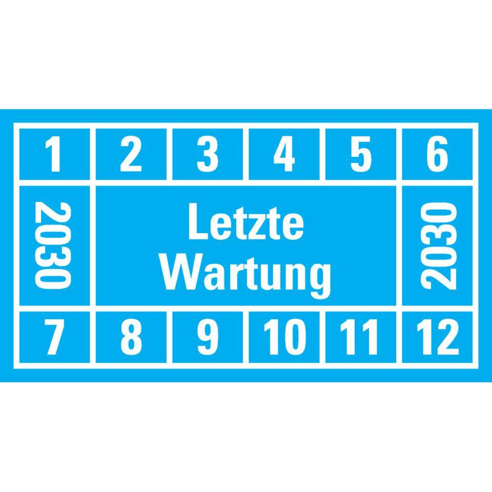 Prüfplakette Letzte Wartung 2030, hellblau, Dokumentenfolie, 45x25mm, 12/Bogen